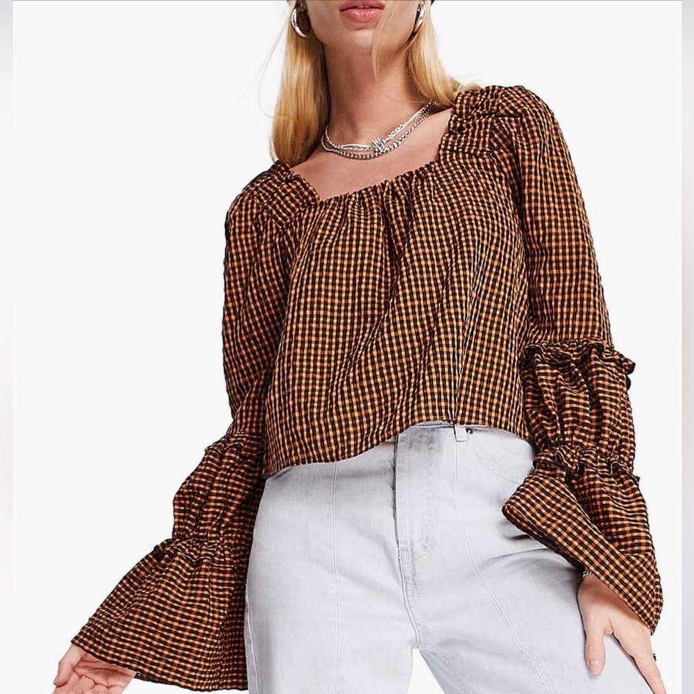 Top Shop Plaid Square Neck Top